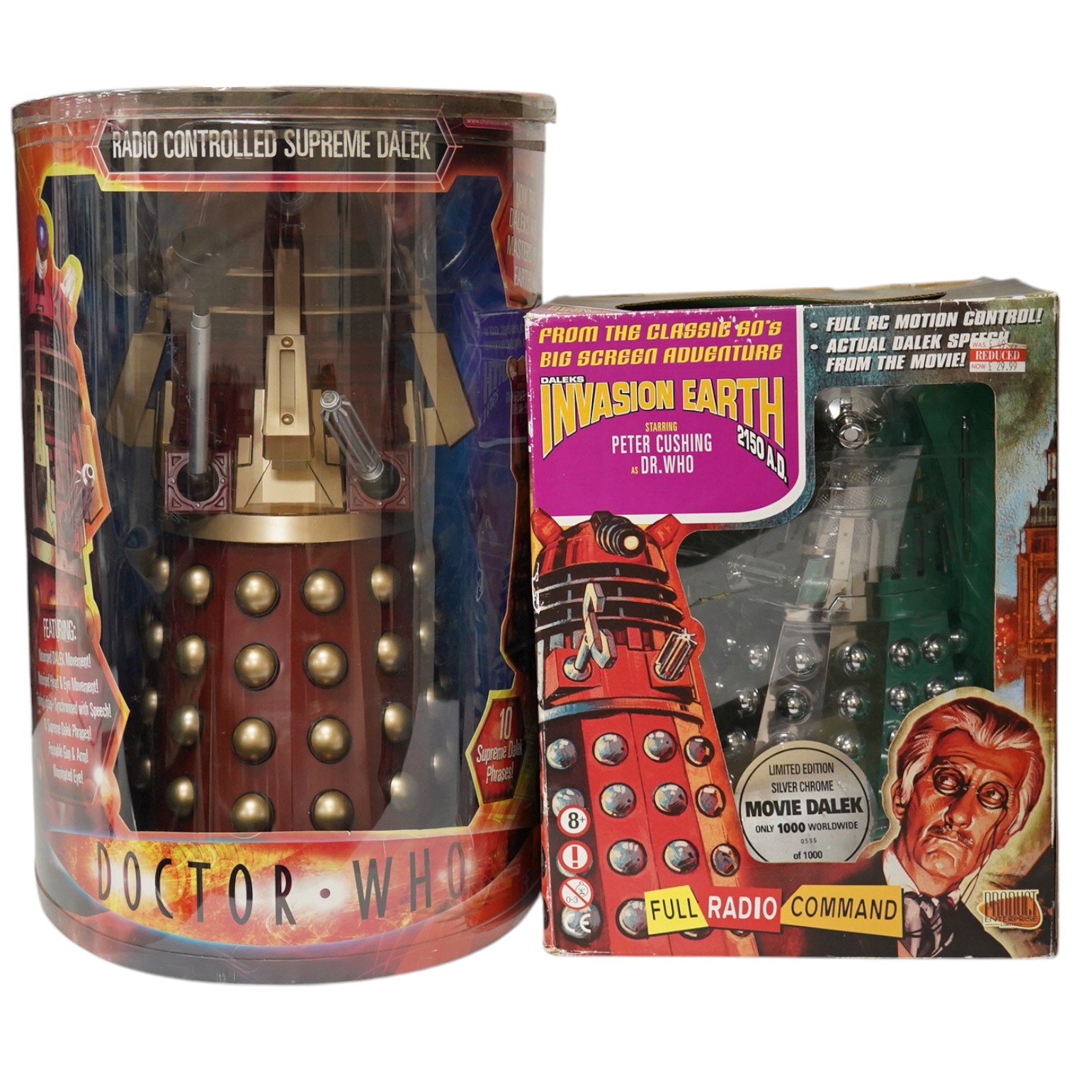 Two large scale boxed Doctor Who Daleks by Product Enterprise and Character Options. Condition - fair, minor wear and damage to the boxes. Daleks untested.